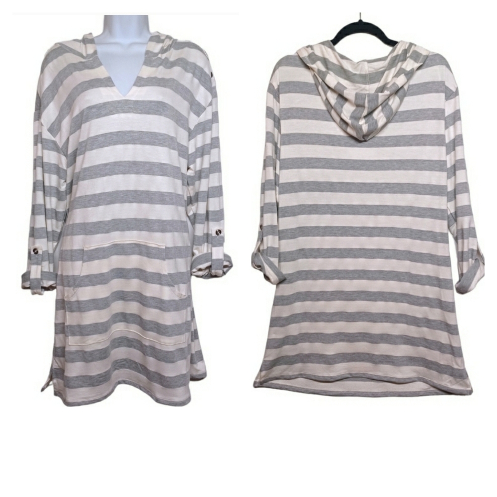 BEACH BREAK Gray White Stripe Print Hoodie Cover Up Dress Large NWT